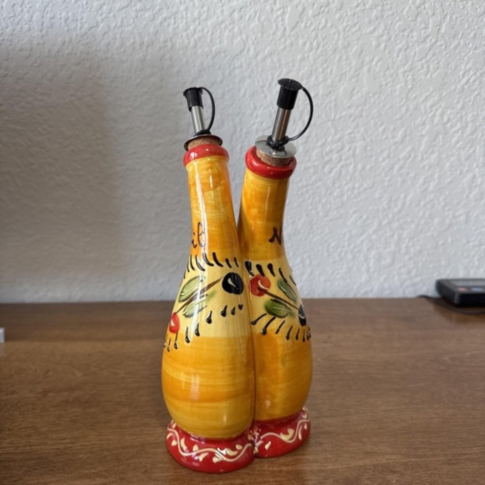 Oil & Vinegar Cruet Double Neck Bottle Spanish Ceramic Handmade Artisan‎